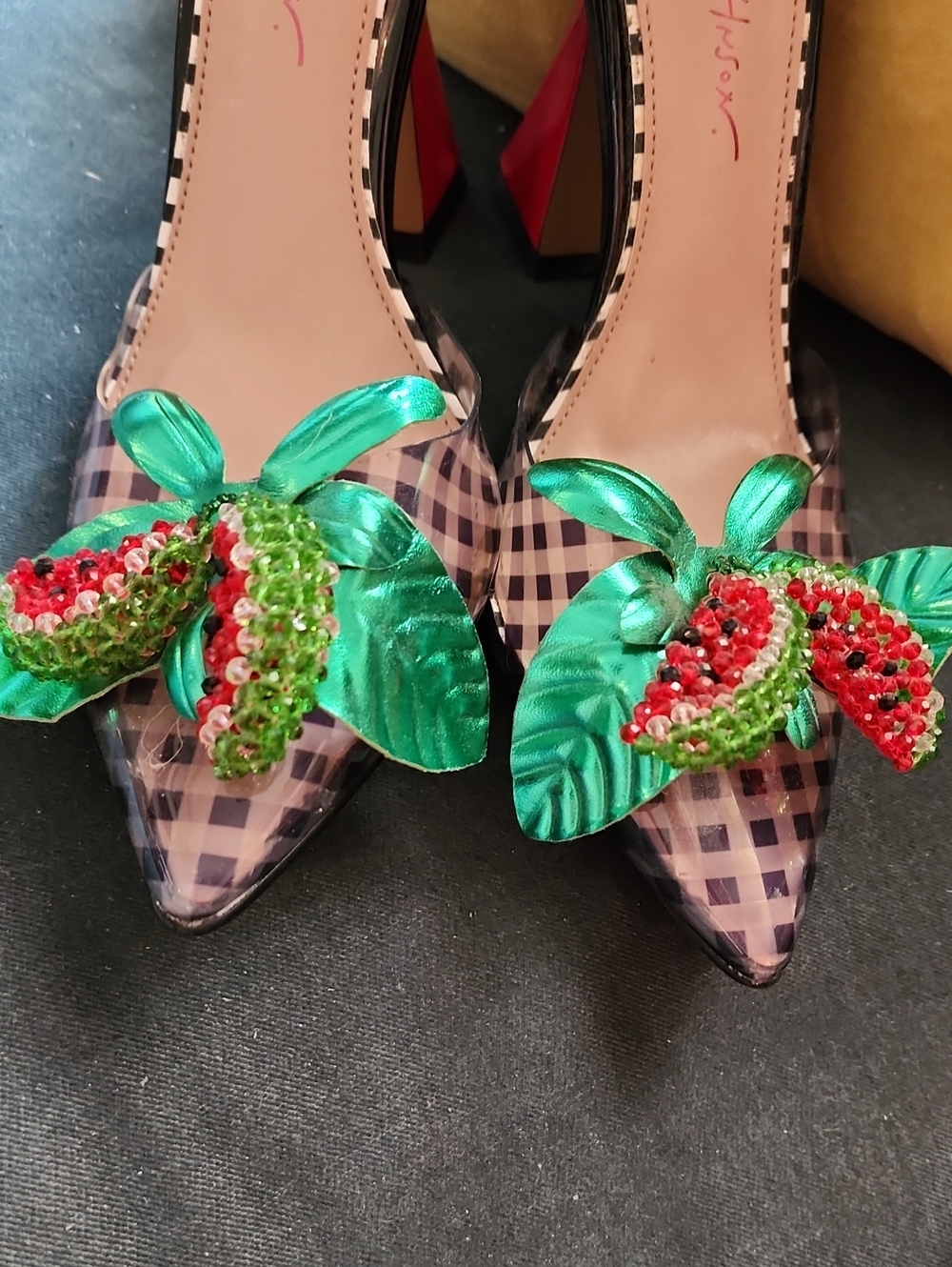 Betsey Johnson Black Patent WatermelonPumps with Pearl Ankle Strap. 6.5 - Picture 3 of 12